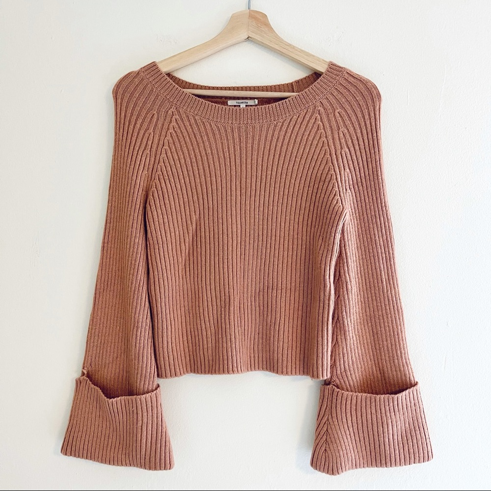 Tularosa Pink Ribbed Sweater Folded Bell Sleeves